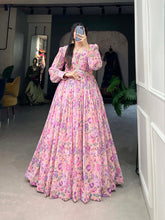 Load image into Gallery viewer, Light Pink Exquisite Floral Print Georgette Gown with Lace Accents ClothsVilla