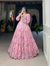 Load image into Gallery viewer, Light Pink Exquisite Floral Print Georgette Gown with Lace Accents ClothsVilla