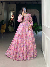 Load image into Gallery viewer, Light Pink Exquisite Floral Print Georgette Gown with Lace Accents ClothsVilla