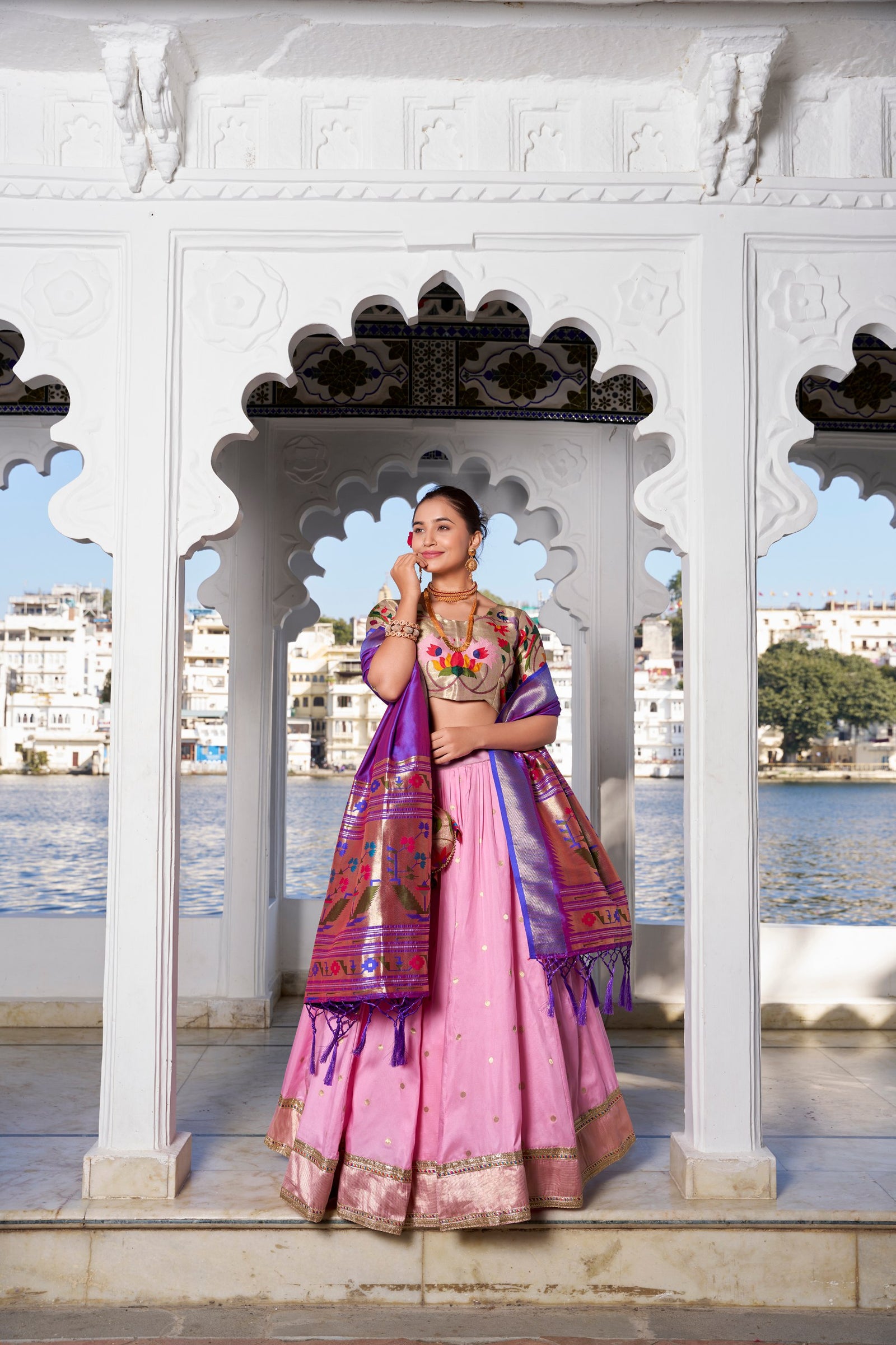 Light Pink Exquisite Jacquard Silk Paithani Lehenga with Zari Weaving Work & Matching Batwa