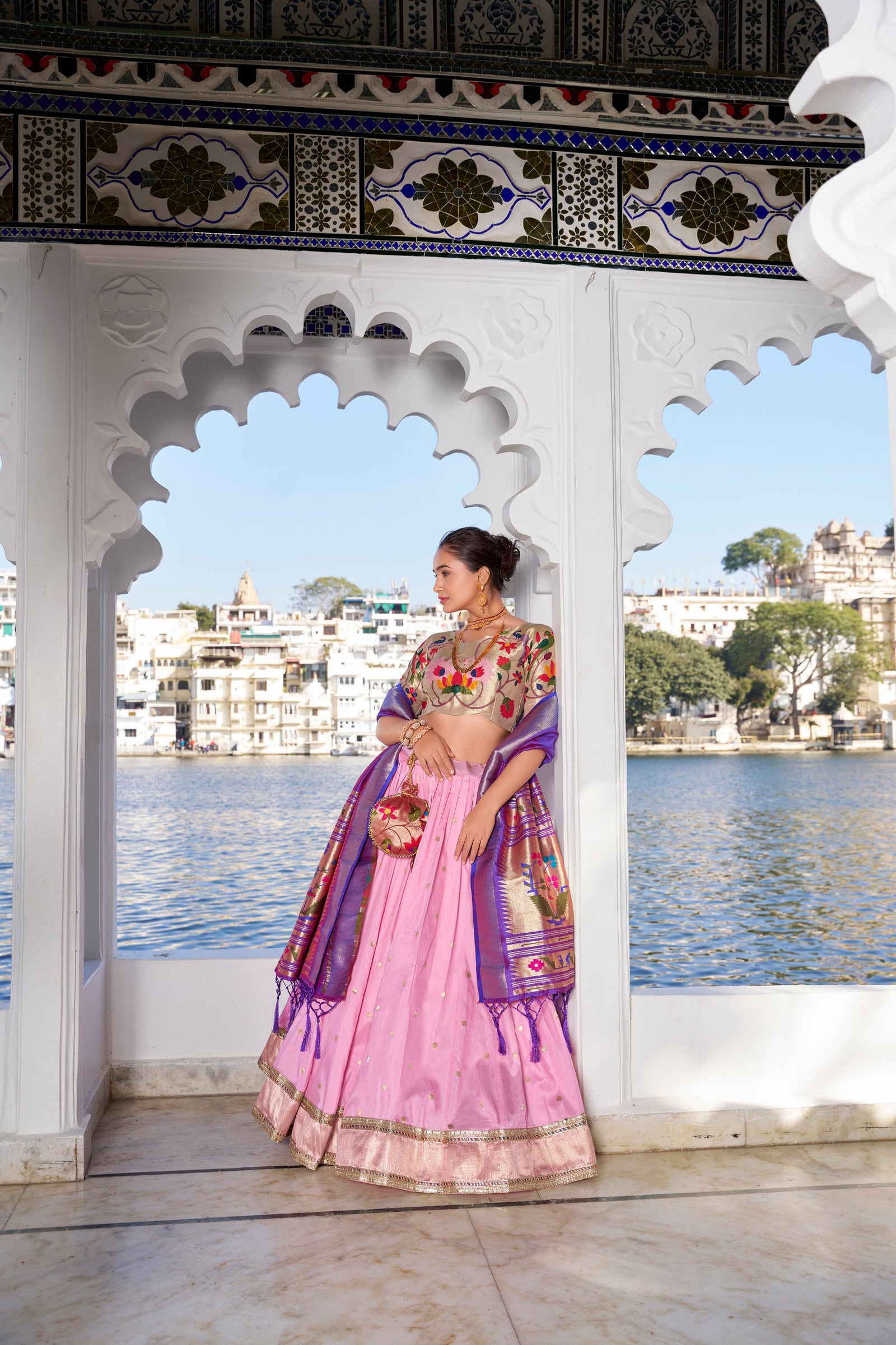 Light Pink Exquisite Jacquard Silk Paithani Lehenga with Zari Weaving Work & Matching Batwa