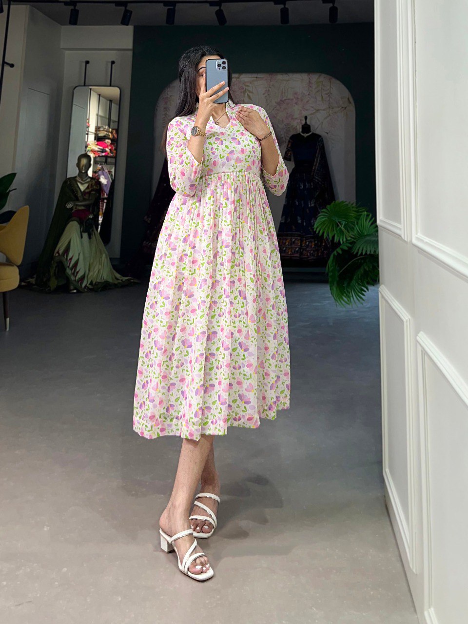Light Pink Floral Georgette Frock - Elegant Spring Dress Light Pink Floral Georgette Frock - Elegant Spring Dress
