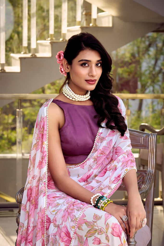 Light Pink Floral Print Weightless Marble Saree with Pearl Lace Border & Moonga Silk Blouse ClothsVilla