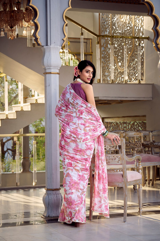 Light Pink Floral Print Weightless Marble Saree with Pearl Lace Border & Moonga Silk Blouse ClothsVilla