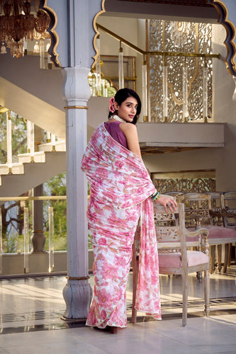 Light Pink Floral Print Weightless Marble Saree with Pearl Lace Border & Moonga Silk Blouse ClothsVilla