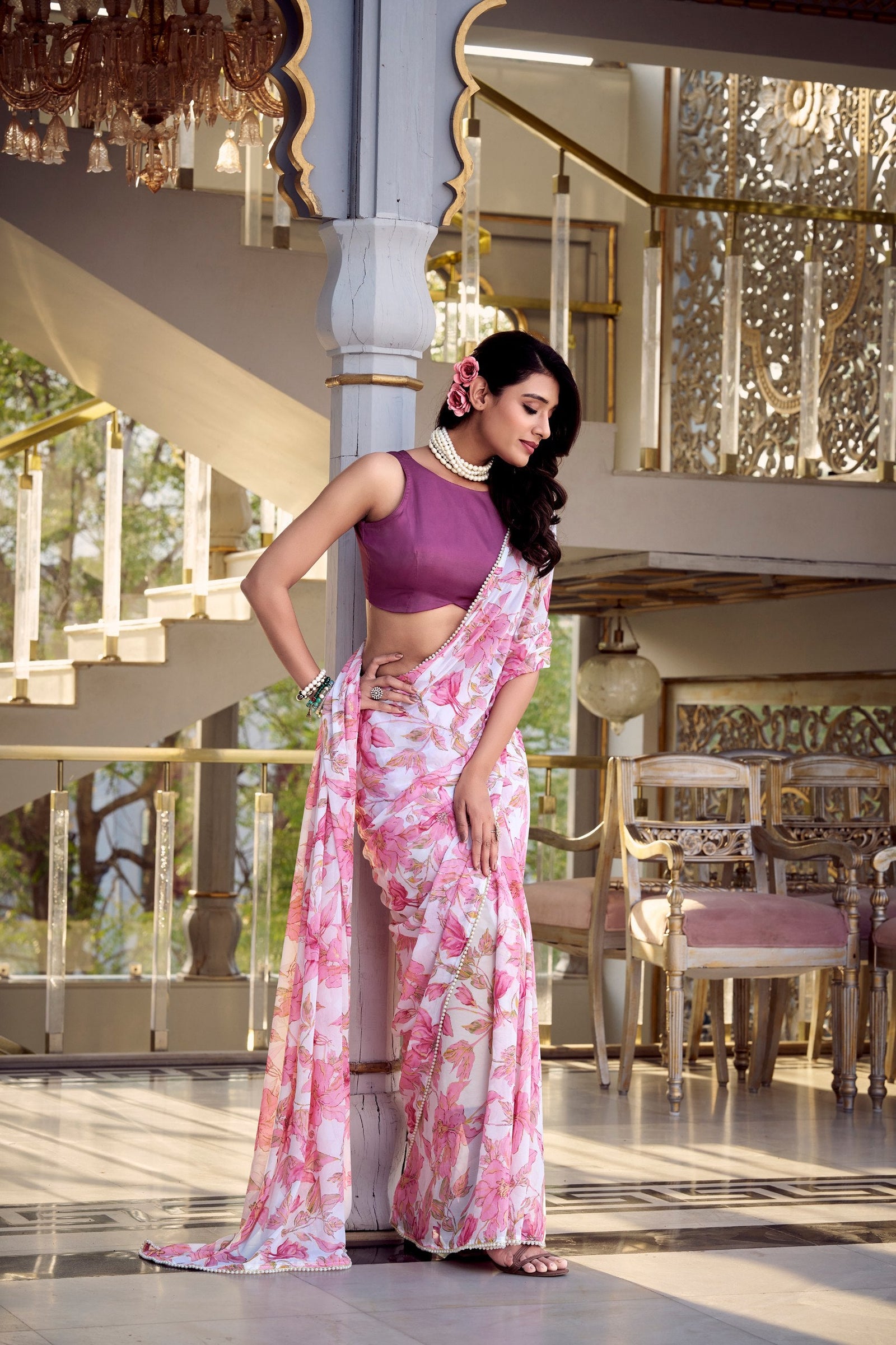 Light Pink Floral Print Weightless Marble Saree with Pearl Lace Border & Moonga Silk Blouse ClothsVilla