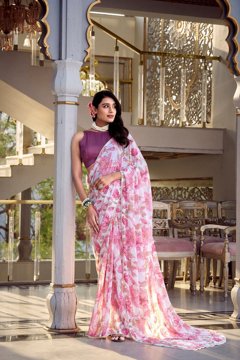 Light Pink Floral Print Weightless Marble Saree with Pearl Lace Border & Moonga Silk Blouse ClothsVilla Main image