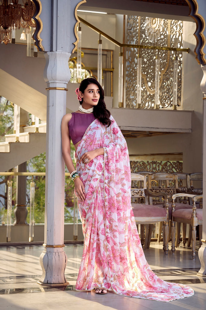 Light Pink Floral Print Weightless Marble Saree with Pearl Lace Border & Moonga Silk Blouse ClothsVilla