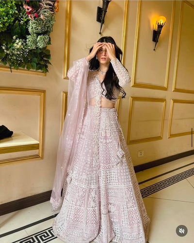 Light Pink Glamorous Net Lehenga Set with Resham & Sequins Work ClothsVilla