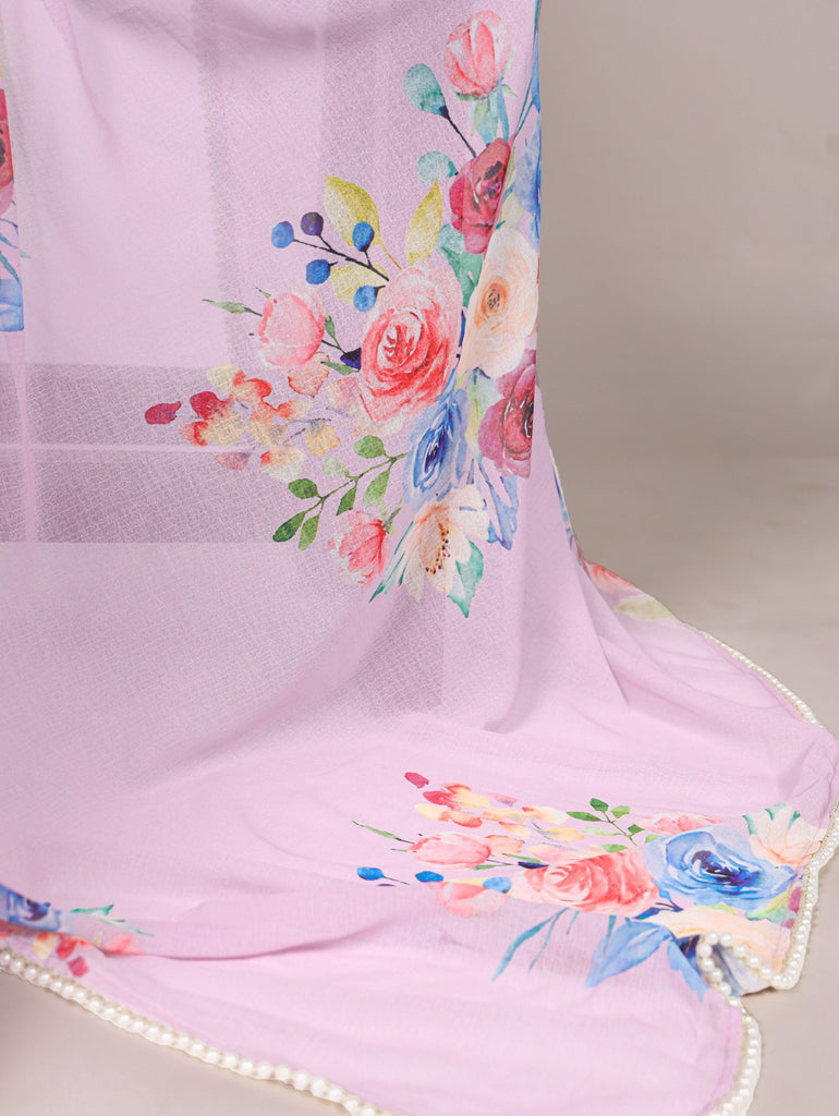 Light Pink Graceful Weightless Marble Saree with Floral Print & Pearl Lace Border – Includes Banglory Blouse Piece ClothsVilla