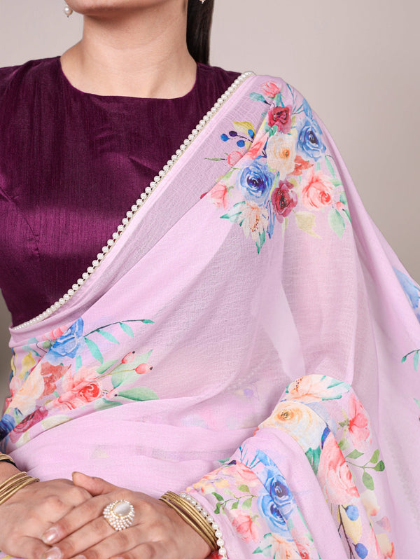 Light Pink Graceful Weightless Marble Saree with Floral Print & Pearl Lace Border – Includes Banglory Blouse Piece ClothsVilla