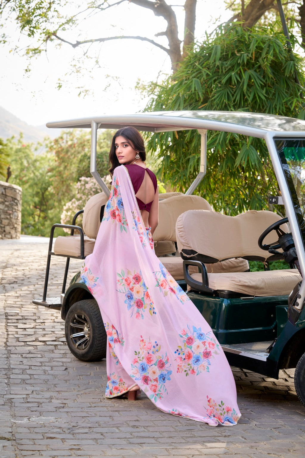 Light Pink Graceful Weightless Marble Saree with Floral Print & Pearl Lace Border – Includes Banglory Blouse Piece ClothsVilla