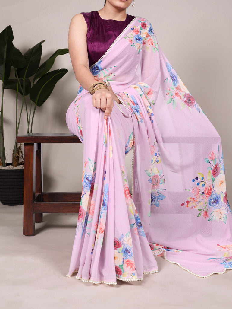 Light Pink Graceful Weightless Marble Saree with Floral Print & Pearl Lace Border – Includes Banglory Blouse Piece ClothsVilla