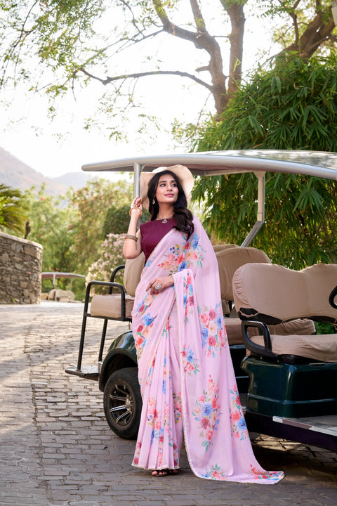 Light Pink Graceful Weightless Marble Saree with Floral Print & Pearl Lace Border – Includes Banglory Blouse Piece ClothsVilla Main image