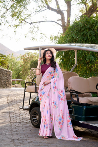 Light Pink Graceful Weightless Marble Saree with Floral Print & Pearl Lace Border – Includes Banglory Blouse Piece ClothsVilla