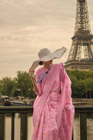 Light Pink Kashmiri Satin Organza Handloom Weaving Saree with Unstitched Blouse ClothsVilla