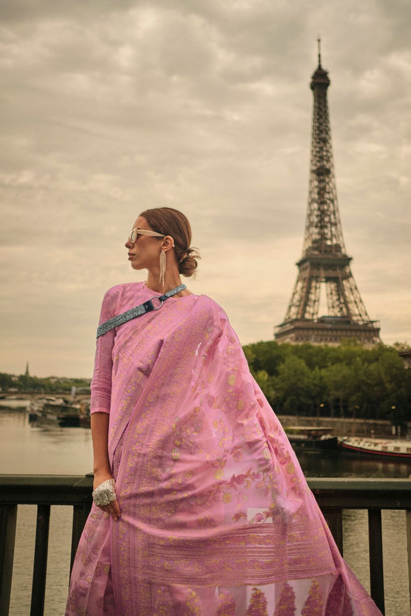 Light Pink Kashmiri Satin Organza Handloom Weaving Saree with Unstitched Blouse ClothsVilla