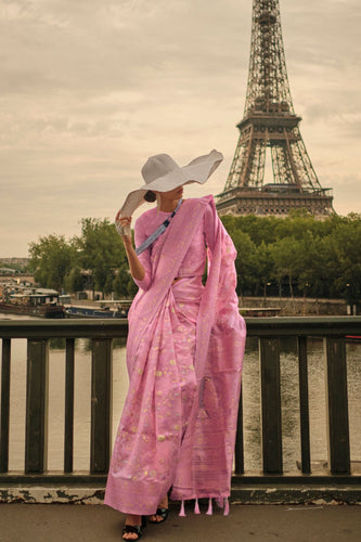 Light Pink Kashmiri Satin Organza Handloom Weaving Saree with Unstitched Blouse ClothsVilla