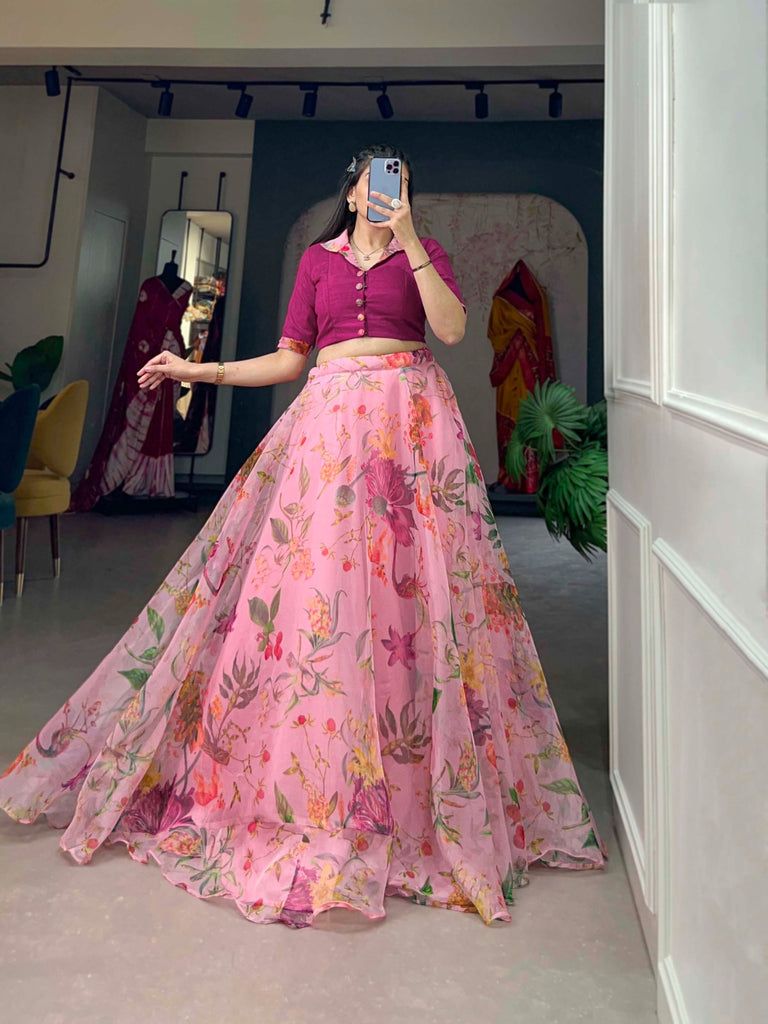 organza dress lehenga Pink Floral Embroidered Organza Lehenga