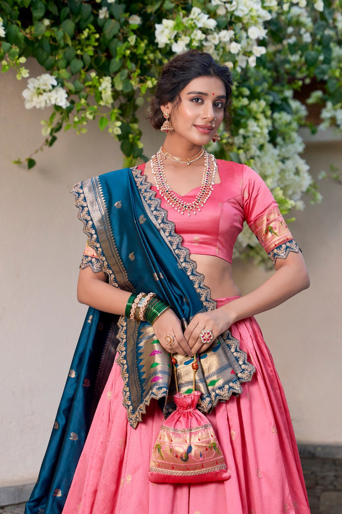 Light Pink Paithani Jacquard Silk Lehenga Set with Zari Weaving, Embroidery & Scallop ClothsVilla