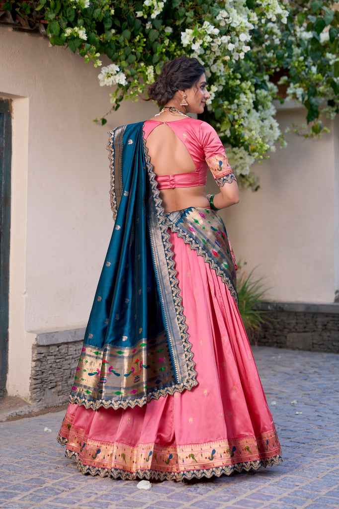 Light Pink Paithani Jacquard Silk Lehenga Set with Zari Weaving, Embroidery & Scallop ClothsVilla