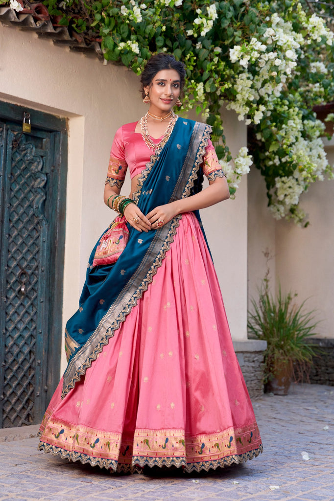 Light Pink Paithani Jacquard Silk Lehenga Set with Zari Weaving, Embroidery & Scallop ClothsVilla