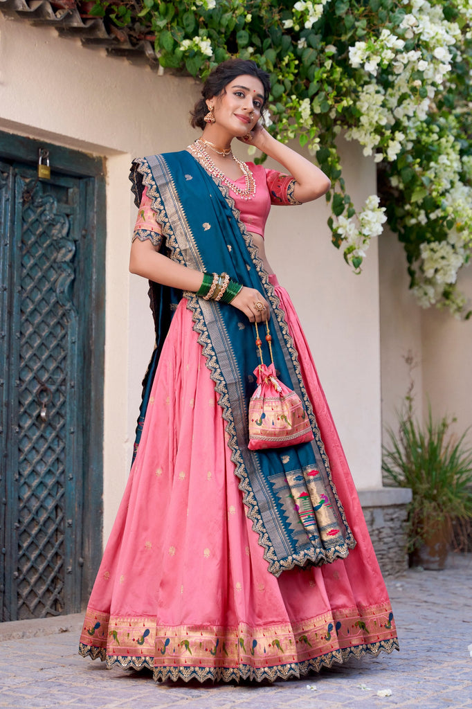 Light Pink Paithani Jacquard Silk Lehenga Set with Zari Weaving, Embroidery & Scallop ClothsVilla