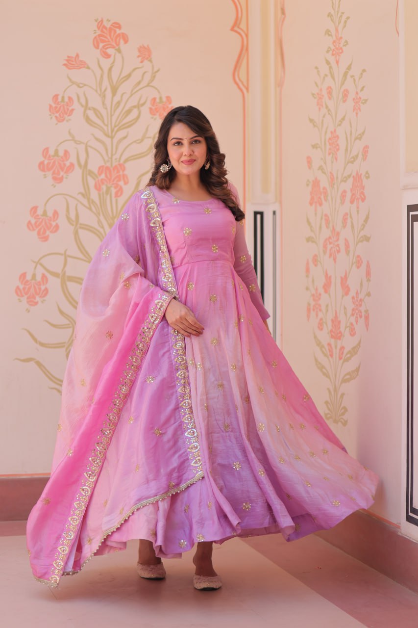 Light Pink Pedding Gold Organza Embroidered Gown with Dupatta Umbrella Flair & Sequin Zari Work ClothsVilla