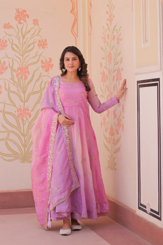 Light Pink Pedding Gold Organza Embroidered Gown with Dupatta Umbrella Flair & Sequin Zari Work ClothsVilla