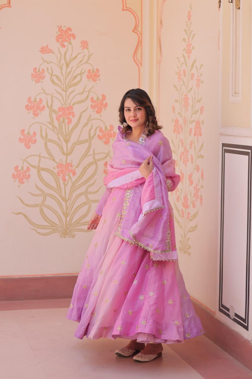 Light Pink Pedding Gold Organza Embroidered Gown with Dupatta Umbrella Flair & Sequin Zari Work ClothsVilla