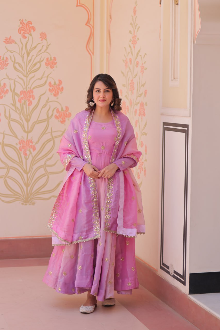 Light Pink Pedding Gold Organza Embroidered Gown with Dupatta Umbrella Flair & Sequin Zari Work ClothsVilla
