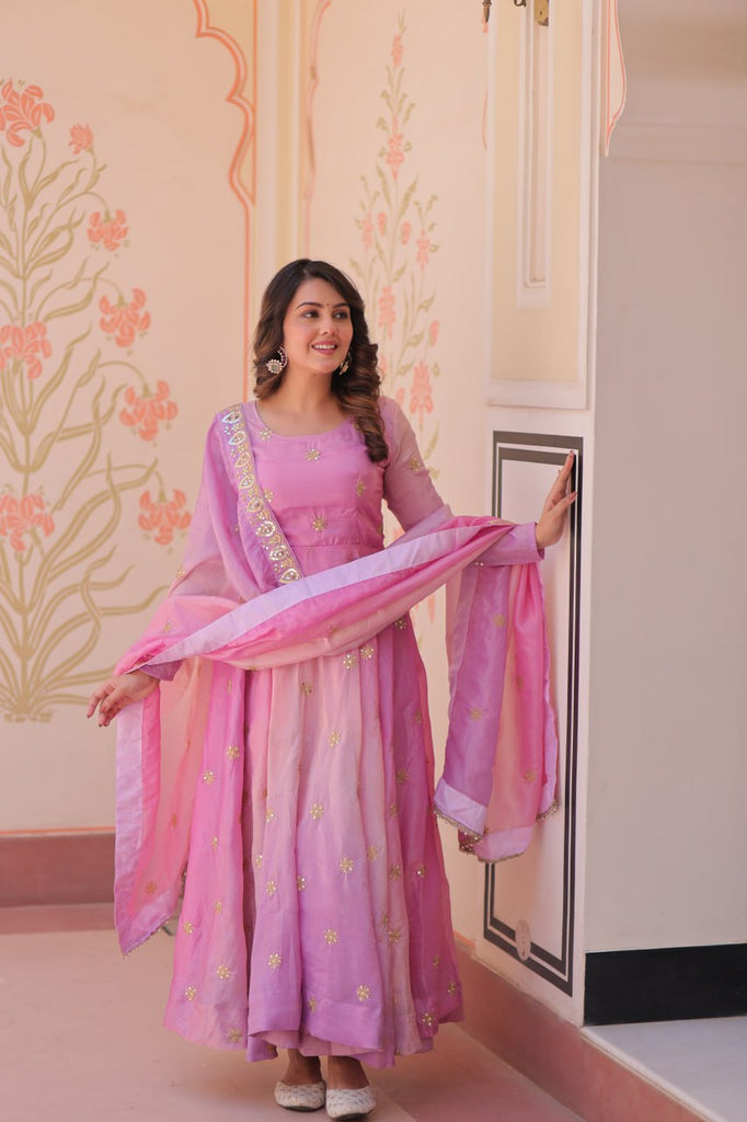 Light Pink Pedding Gold Organza Embroidered Gown with Dupatta Umbrella Flair & Sequin Zari Work ClothsVilla