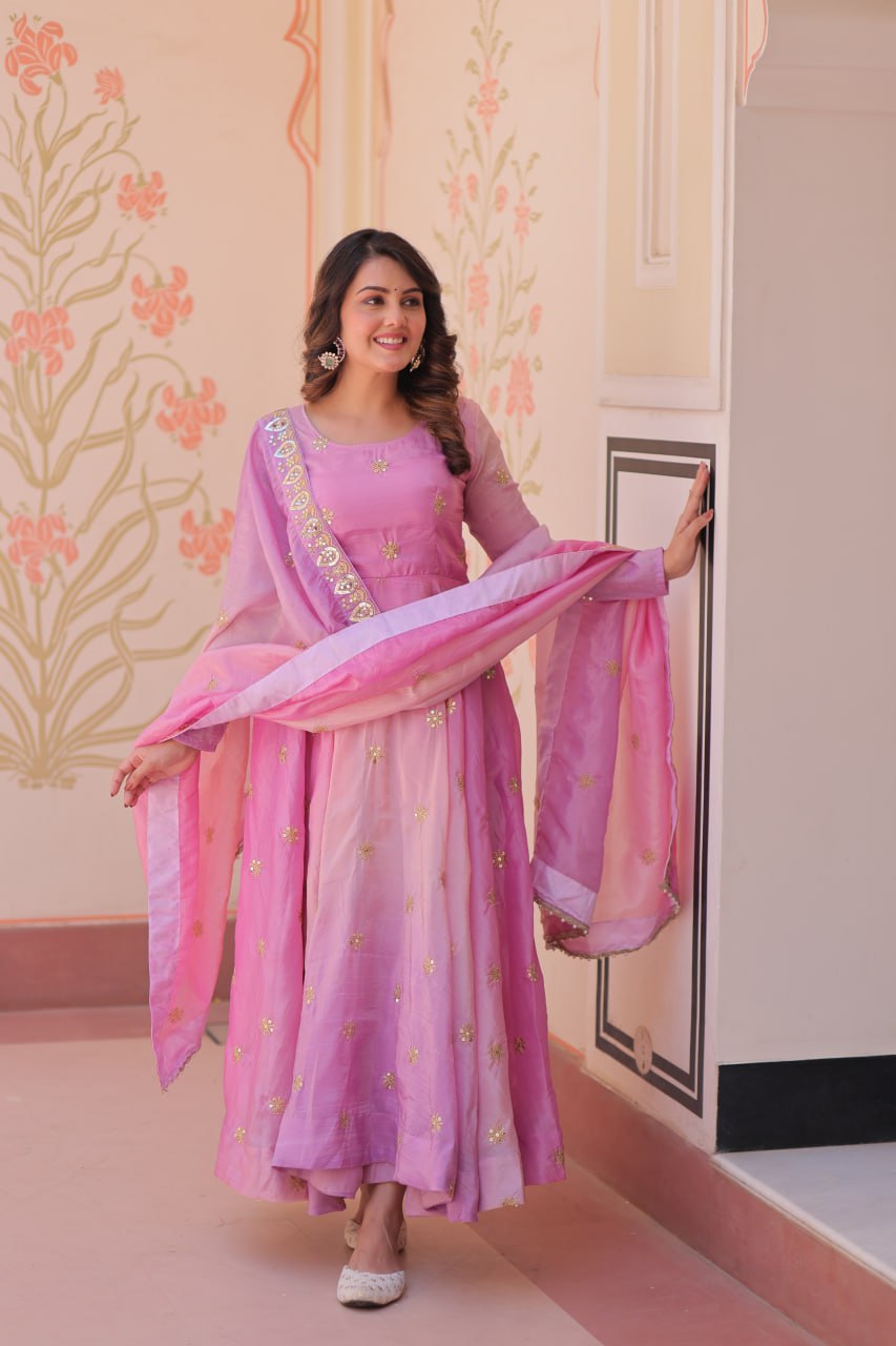 Light Pink Pedding Gold Organza Embroidered Gown with Dupatta Umbrella Flair & Sequin Zari Work ClothsVilla