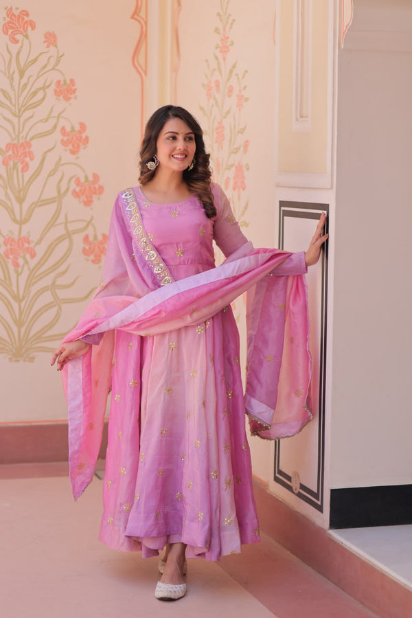 Light Pink Pedding Gold Organza Embroidered Gown with Dupatta Umbrella Flair & Sequin Zari Work ClothsVilla