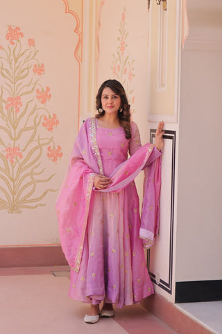Light Pink Pedding Gold Organza Embroidered Gown with Dupatta Umbrella Flair & Sequin Zari Work ClothsVilla