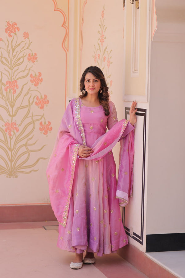 Light Pink Pedding Gold Organza Embroidered Gown with Dupatta Umbrella Flair & Sequin Zari Work ClothsVilla