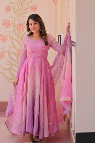 Light Pink Pedding Gold Organza Embroidered Gown with Dupatta Umbrella Flair & Sequin Zari Work ClothsVilla