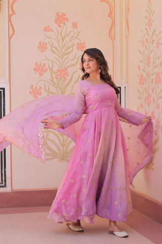 Light Pink Pedding Gold Organza Embroidered Gown with Dupatta Umbrella Flair & Sequin Zari Work ClothsVilla