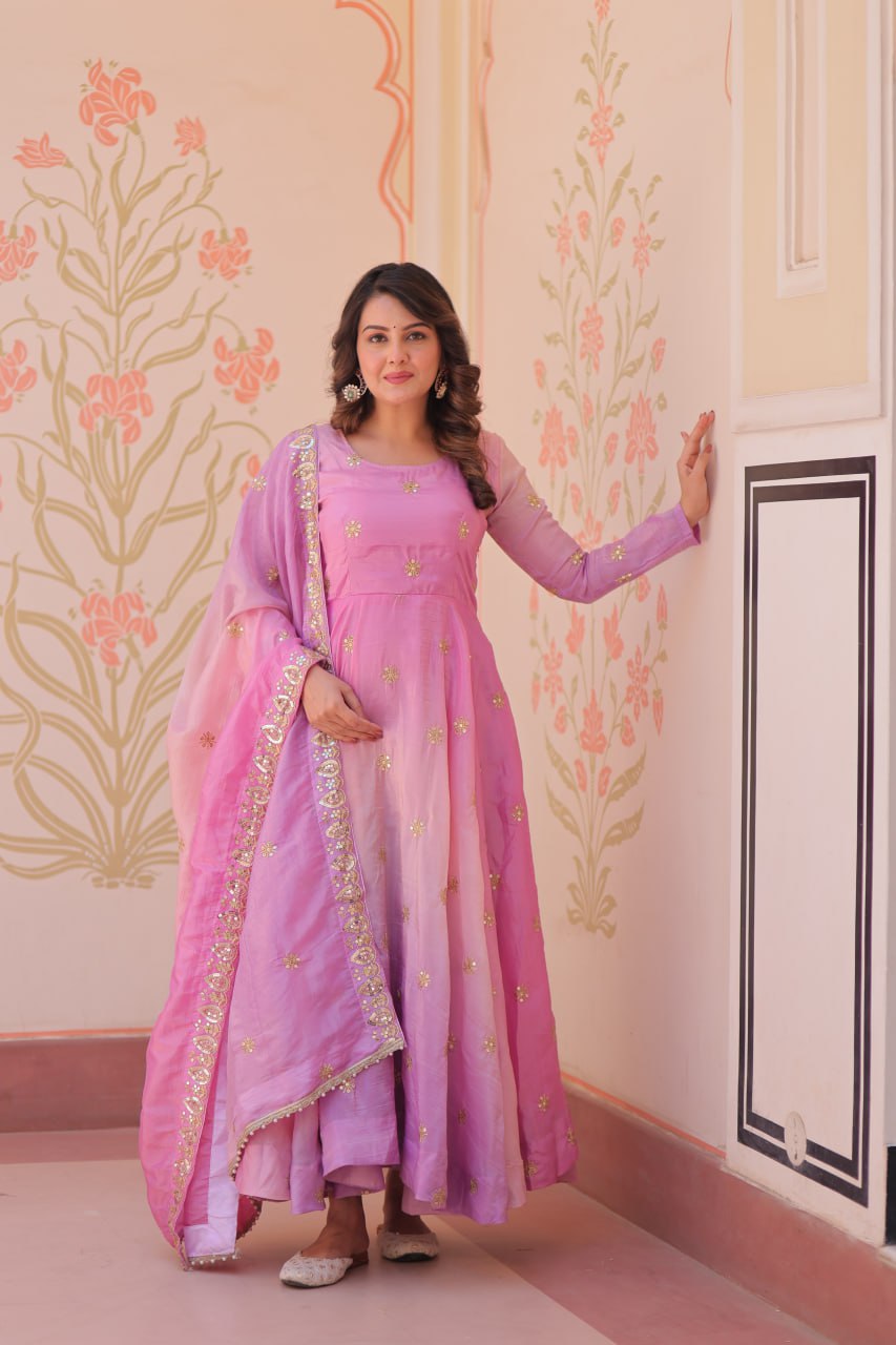Light Pink Pedding Gold Organza Embroidered Gown with Dupatta Umbrella Flair & Sequin Zari Work ClothsVilla