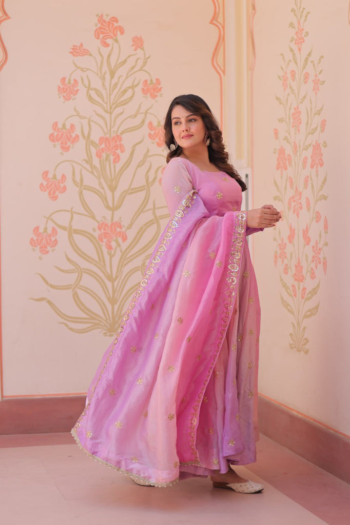 Light Pink Pedding Gold Organza Embroidered Gown with Dupatta Umbrella Flair & Sequin Zari Work ClothsVilla