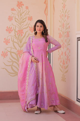 Light Pink Pedding Gold Organza Embroidered Gown with Dupatta Umbrella Flair & Sequin Zari Work ClothsVilla
