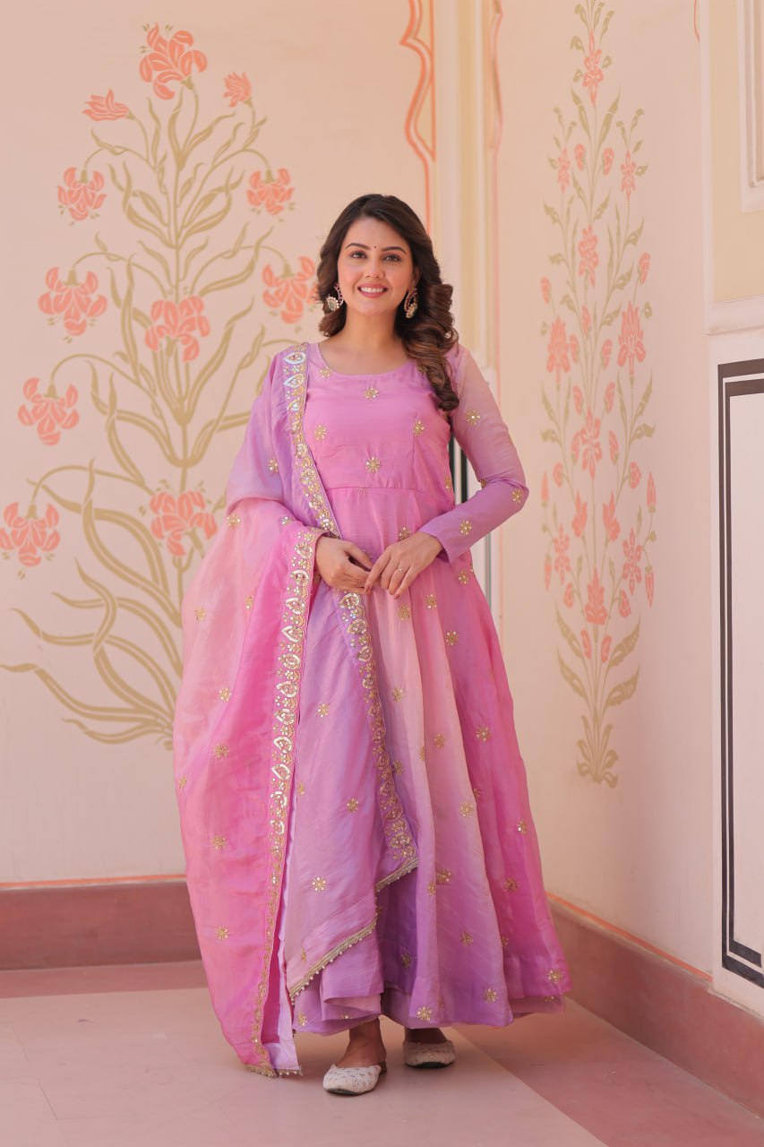 Light Pink Pedding Gold Organza Embroidered Gown with Dupatta Umbrella Flair & Sequin Zari Work ClothsVilla