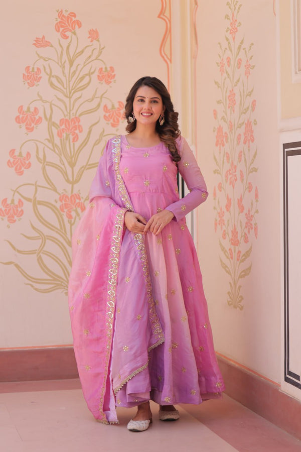 Light Pink Pedding Gold Organza Embroidered Gown with Dupatta Umbrella Flair & Sequin Zari Work ClothsVilla