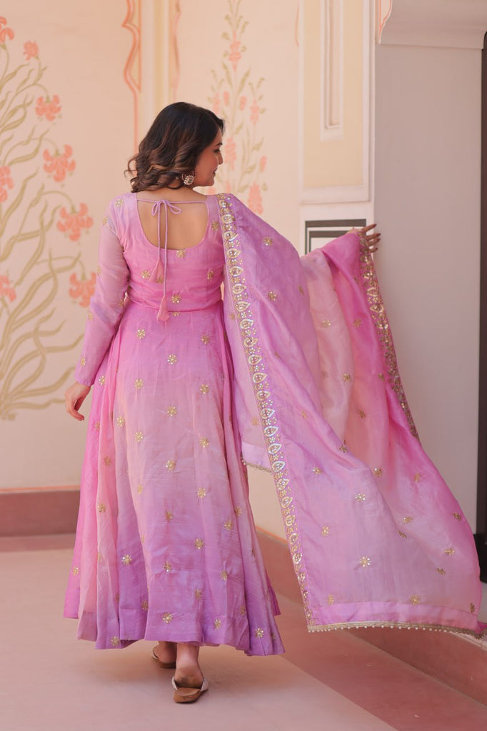 Light Pink Pedding Gold Organza Embroidered Gown with Dupatta Umbrella Flair & Sequin Zari Work ClothsVilla