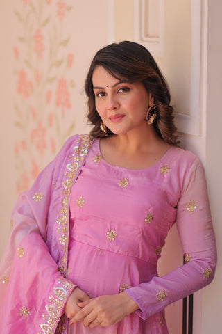 Light Pink Pedding Gold Organza Embroidered Gown with Dupatta Umbrella Flair & Sequin Zari Work ClothsVilla