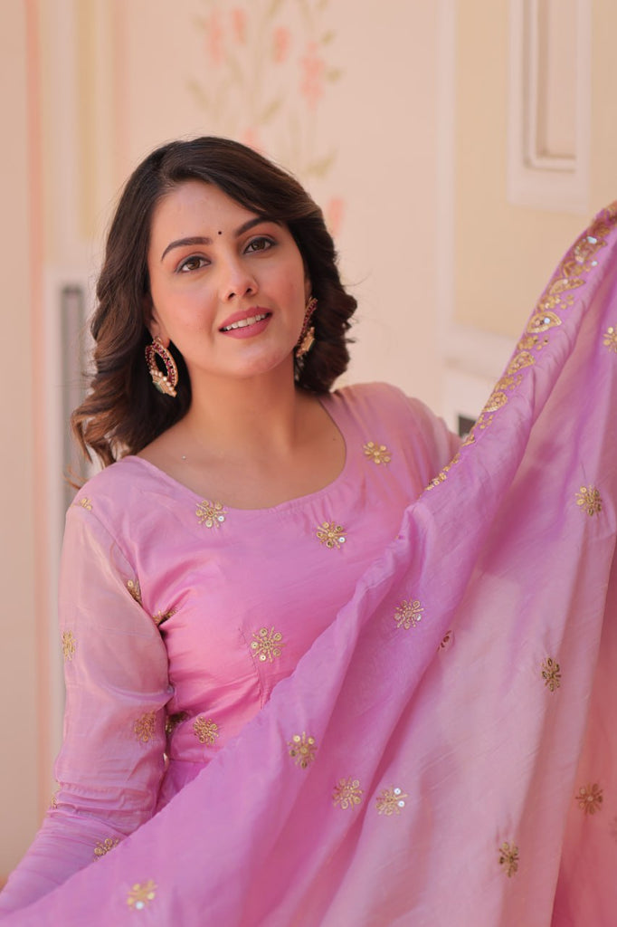 Light Pink Pedding Gold Organza Embroidered Gown with Dupatta Umbrella Flair & Sequin Zari Work ClothsVilla