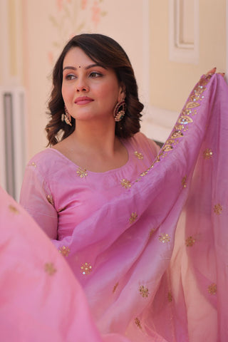 Light Pink Pedding Gold Organza Embroidered Gown with Dupatta Umbrella Flair & Sequin Zari Work ClothsVilla