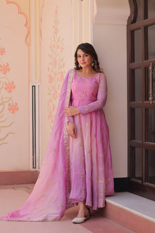 Light Pink Pedding Gold Organza Embroidered Gown with Dupatta Umbrella Flair & Sequin Zari Work ClothsVilla