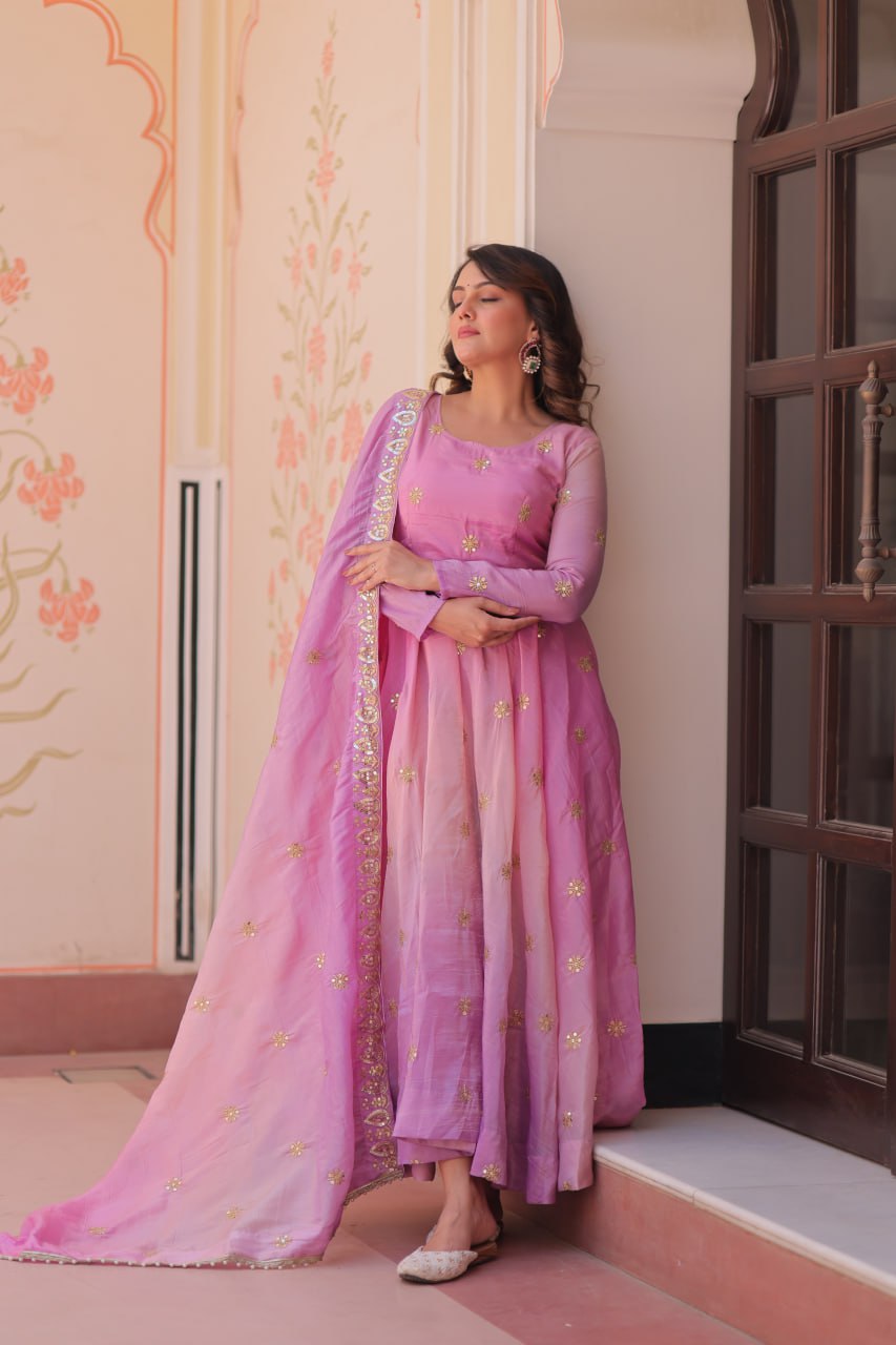 Light Pink Pedding Gold Organza Embroidered Gown with Dupatta Umbrella Flair & Sequin Zari Work ClothsVilla