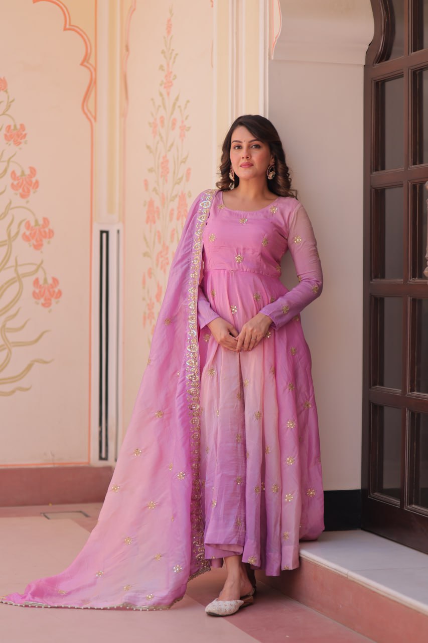 Light Pink Pedding Gold Organza Embroidered Gown with Dupatta Umbrella Flair & Sequin Zari Work ClothsVilla